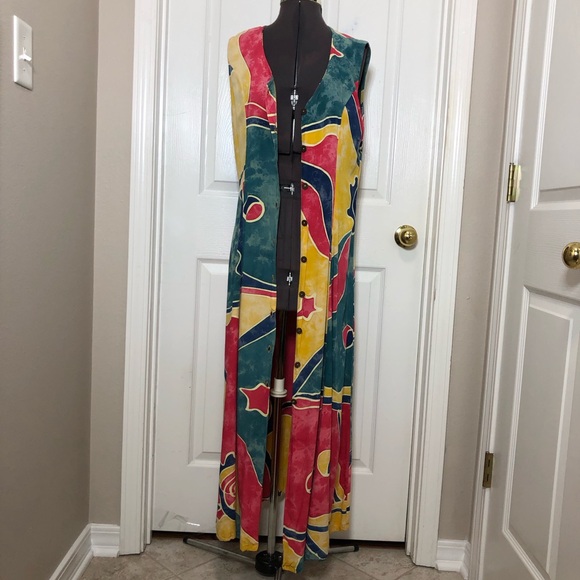 Reggae To Wear Jamaica Water Color Sleeveless Back Tie Button Down Maxi Dress M - Picture 4 of 14